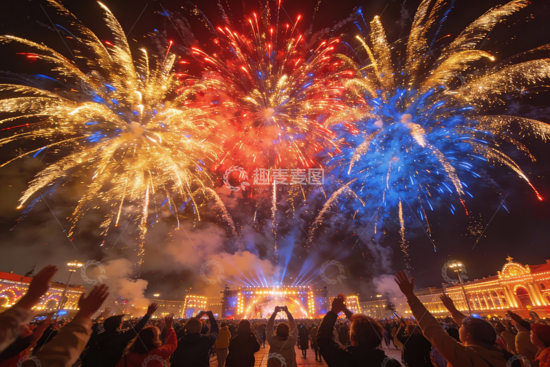 高清大图下载【趣麦麦图】夜空烟花绽放人群欢呼