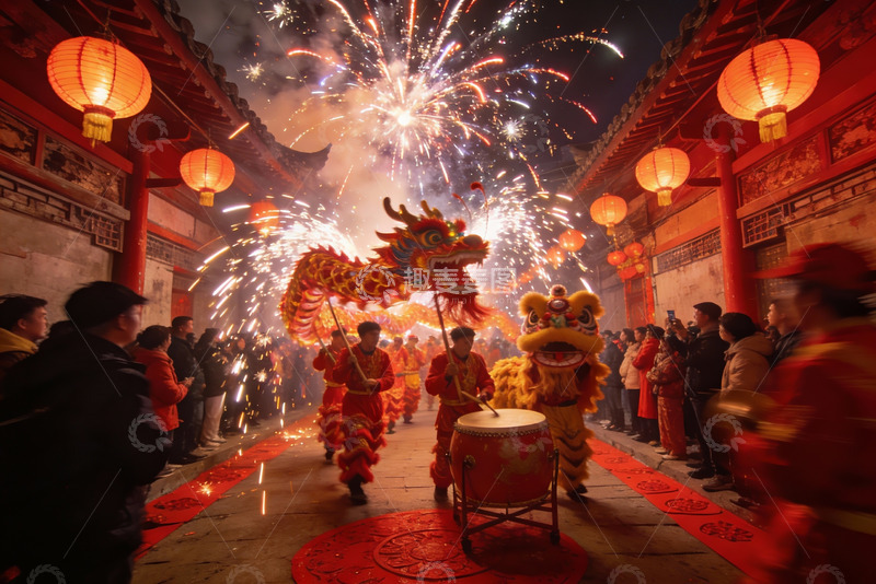 高清大图下载【趣麦麦图】夜空中舞龙烟花表演