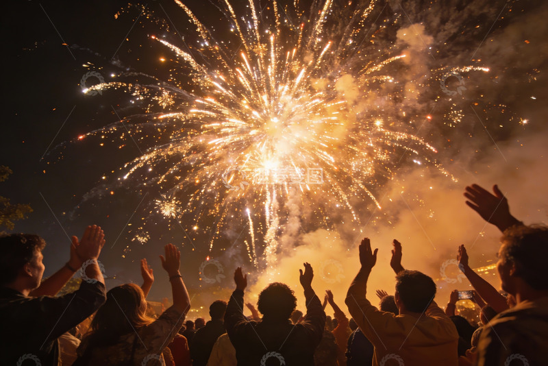高清大图下载【趣麦麦图】夜空中绽放的烟花与欢呼人群