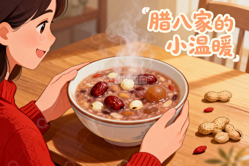高清大图下载【趣麦麦图】女子享用热气腾腾的腊八粥
