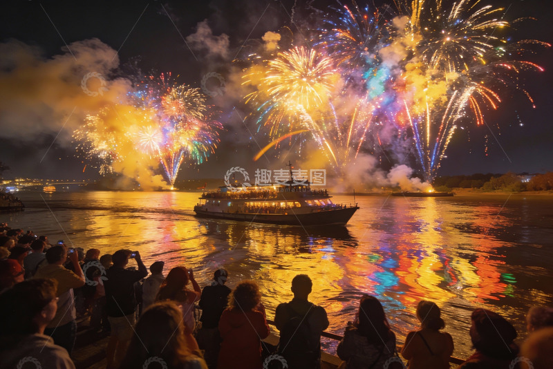 高清大图下载【趣麦麦图】夜景烟花游船人群观赏