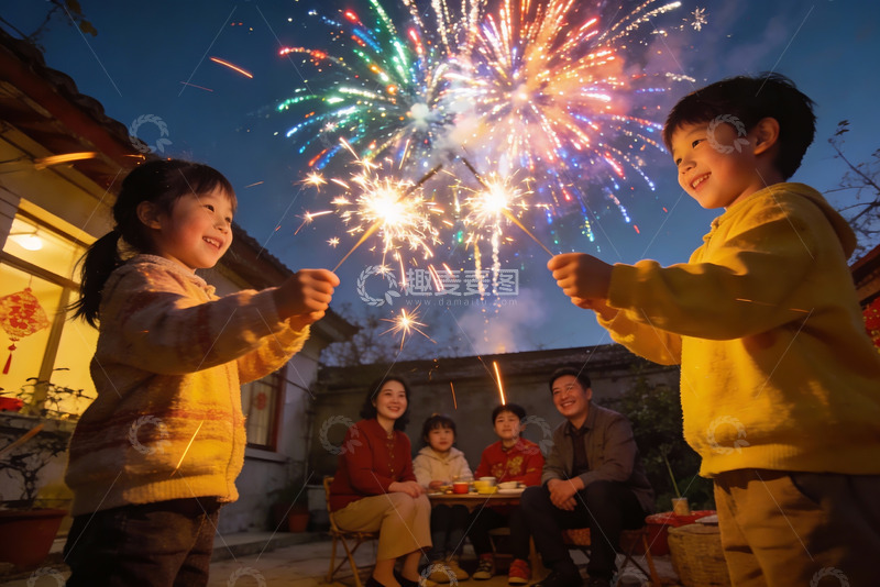 高清大图下载【趣麦麦图】庭院烟花夜家人欢聚