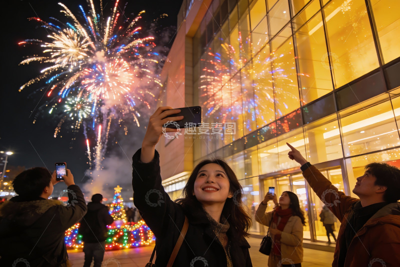 高清大图下载【趣麦麦图】夜景烟花下人群自拍欢庆