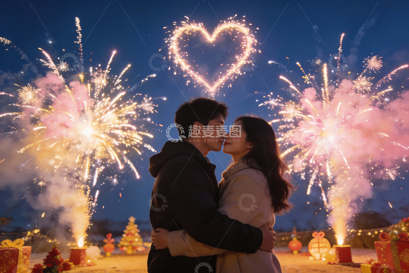 高清大图下载【趣麦麦图】情侣烟花下拥吻浪漫瞬间