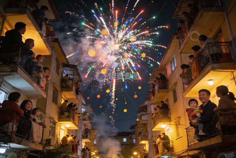 高清大图下载【趣麦麦图】居民楼阳台夜放烟花全家观看