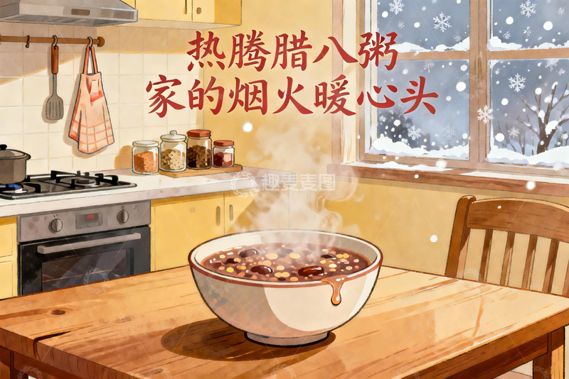 高清大图下载【趣麦麦图】冬日厨房热腾腊八粥