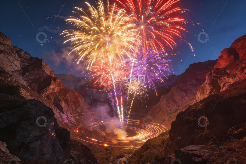 高清大图下载【趣麦麦图】夜空山峦间绚丽烟花绽放