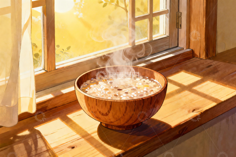 高清大图下载【趣麦麦图】窗边热气腾腾的木碗食物