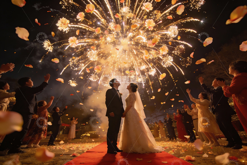 高清大图下载【趣麦麦图】烟花下新人婚礼现场