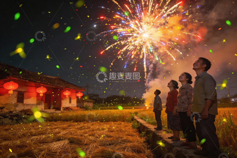 高清大图下载【趣麦麦图】夜空烟花绽放村民仰望欢庆