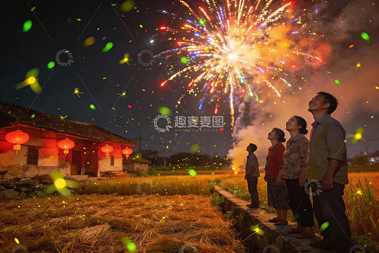 夜空烟花绽放村民仰望欢庆