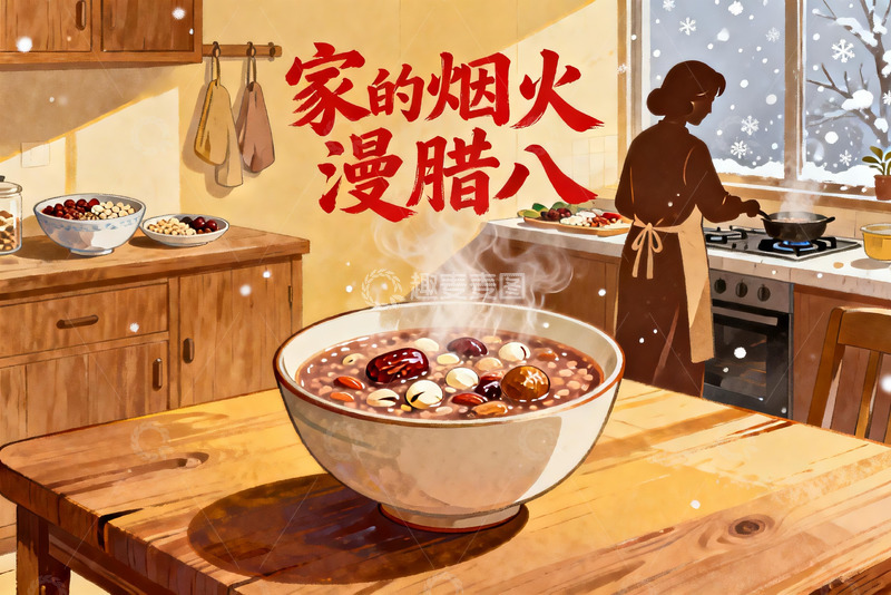高清大图下载【趣麦麦图】厨房热气腾腾的腊八粥