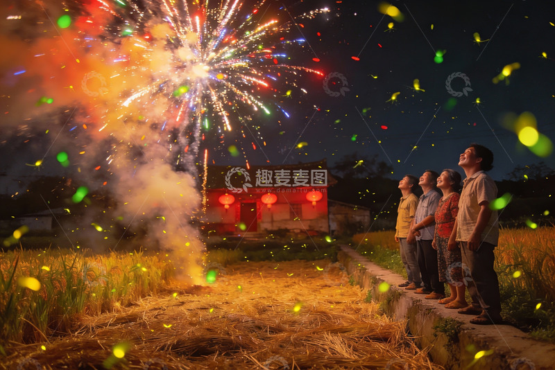 高清大图下载【趣麦麦图】夜空烟花绽放众人仰望