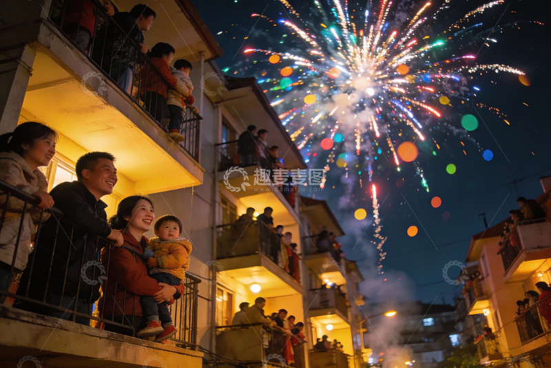 高清大图下载【趣麦麦图】居民楼阳台观看夜空烟花