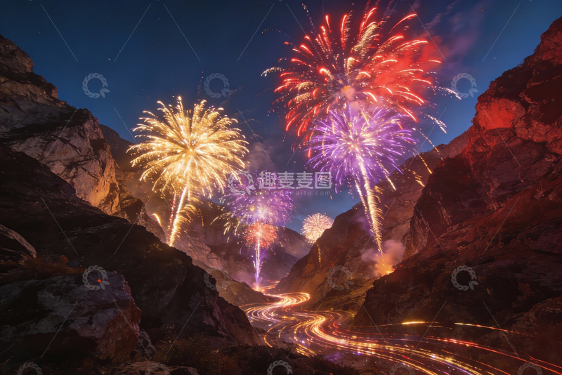 高清大图下载【趣麦麦图】夜空山峦间绚丽烟花绽放