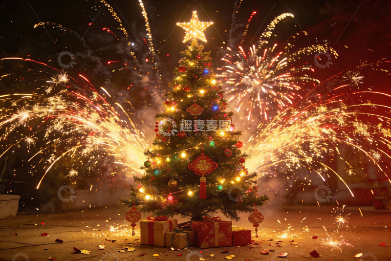 高清大图下载【趣麦麦图】圣诞树烟花夜景
