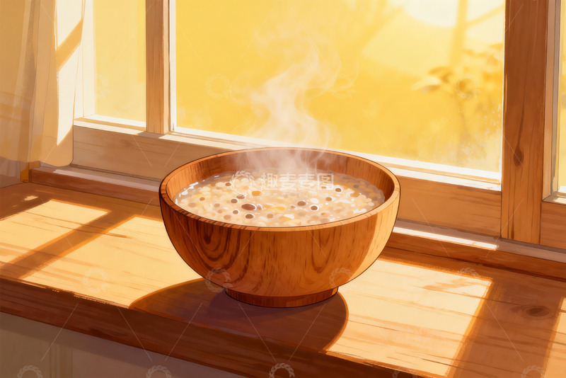 高清大图下载【趣麦麦图】木质碗盛热粥窗边静景