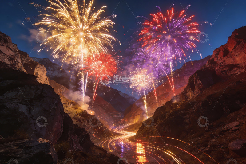 高清大图下载【趣麦麦图】夜空山峦间绚丽烟花绽放