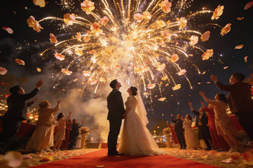 烟花下的婚礼现场新人与宾客