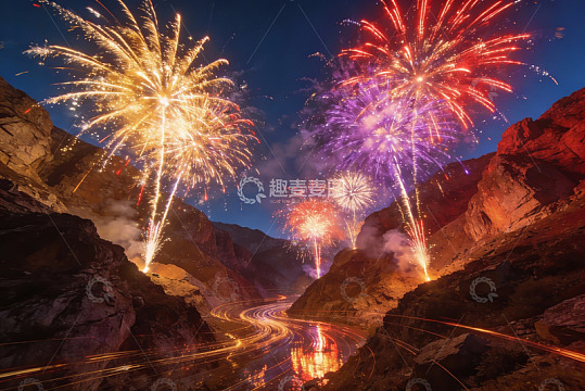 夜空山峦间绚丽烟花绽放