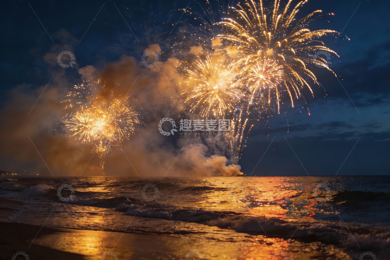 高清大图下载【趣麦麦图】夜空烟花映照海面美景