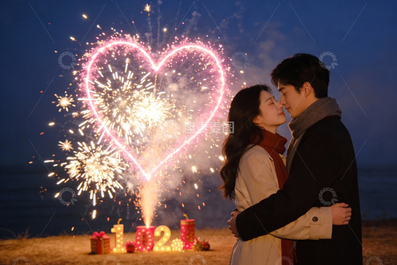 高清大图下载【趣麦麦图】情侣烟花前拥吻浪漫庆祝
