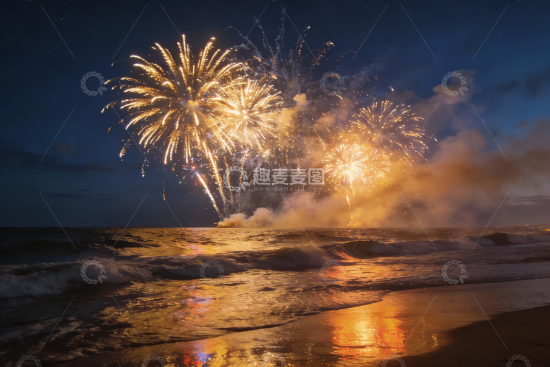 高清大图下载【趣麦麦图】夜海烟花绽放波光粼粼