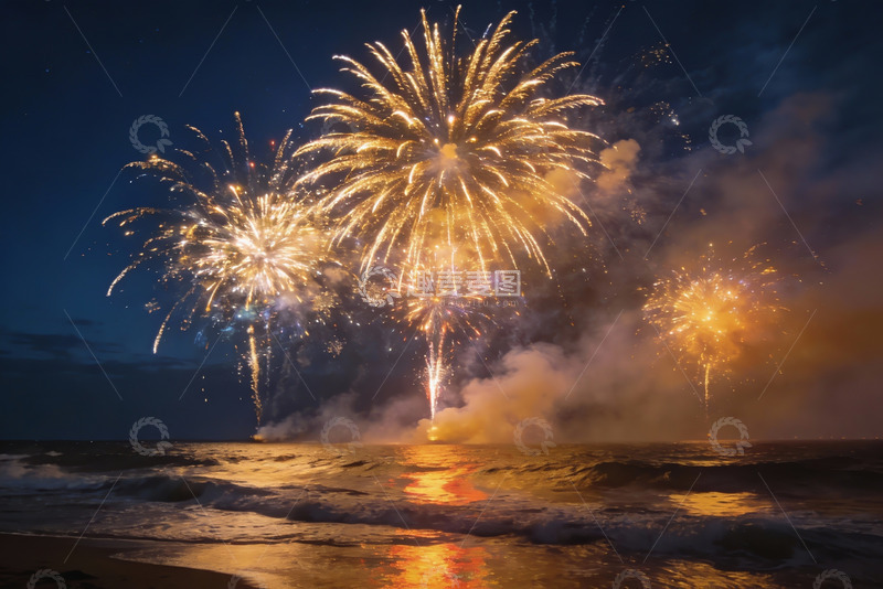 高清大图下载【趣麦麦图】夜海烟花绽放绚丽景象