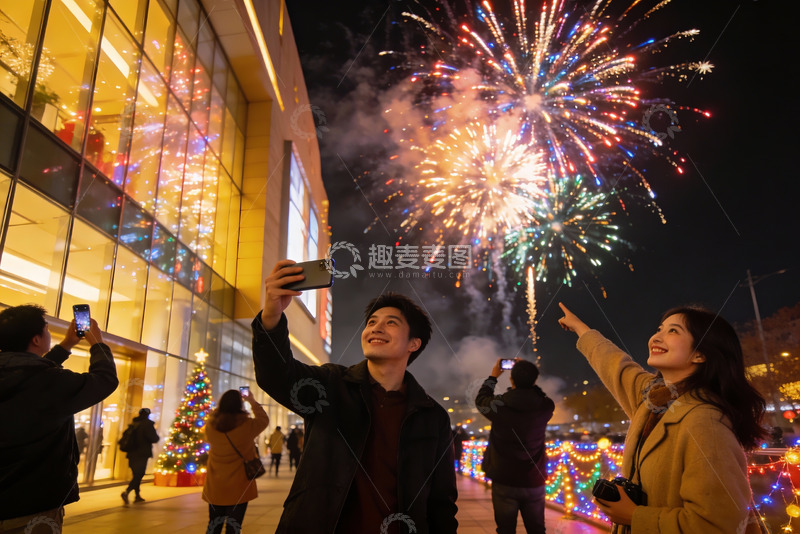 高清大图下载【趣麦麦图】夜景烟花下情侣自拍