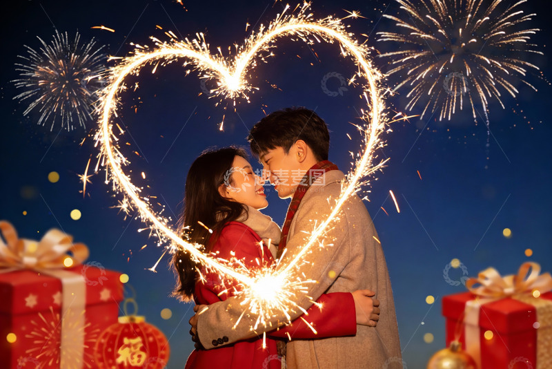 高清大图下载【趣麦麦图】烟花心形情侣夜景