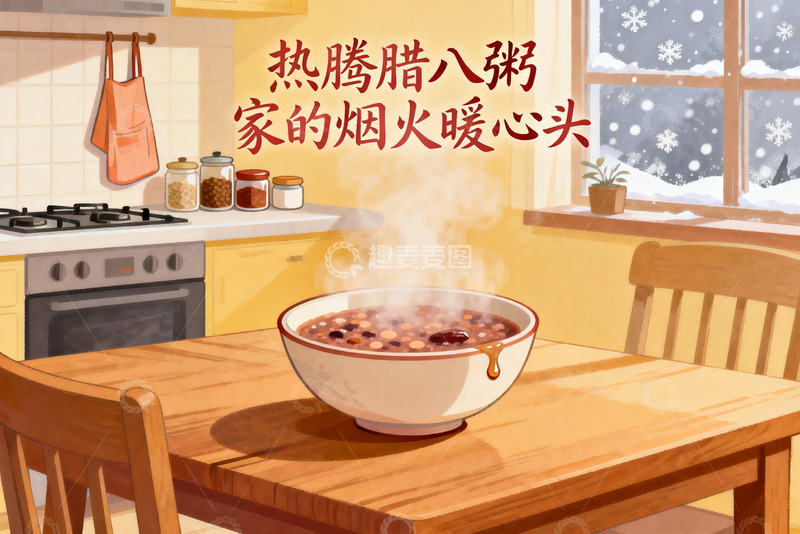 高清大图下载【趣麦麦图】冬日厨房热腾腊八粥