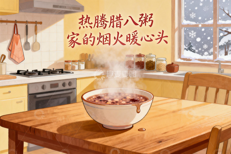 高清大图下载【趣麦麦图】冬日厨房热腾腊八粥