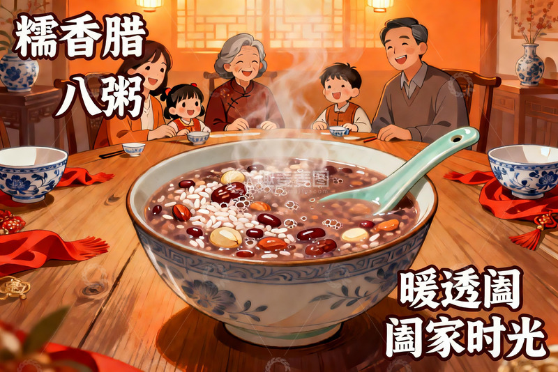 高清大图下载【趣麦麦图】家人围坐吃八宝粥温馨场景