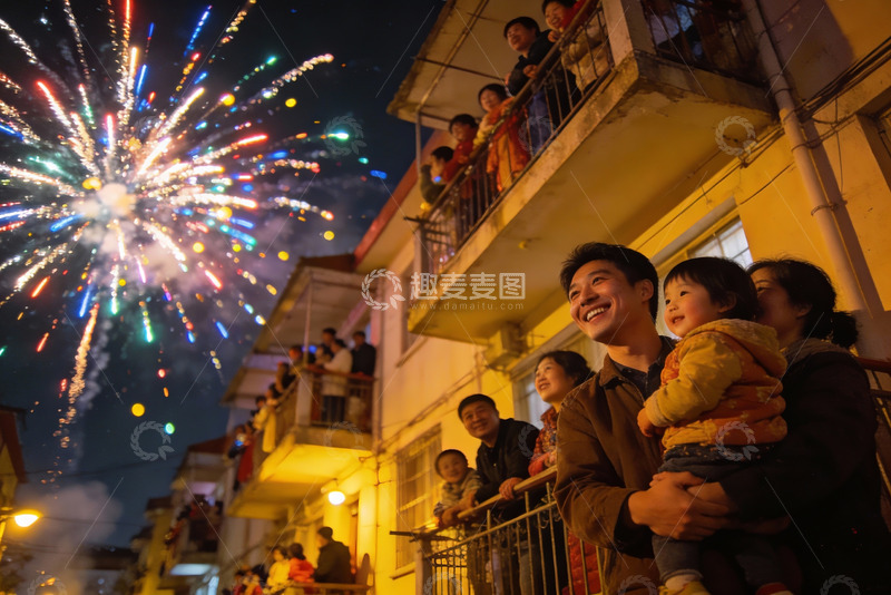 高清大图下载【趣麦麦图】夜空中绽放烟花居民楼前欢聚