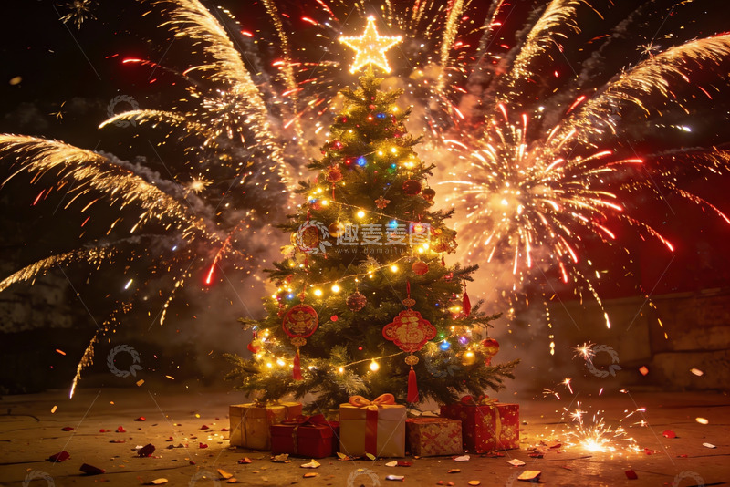 高清大图下载【趣麦麦图】圣诞树烟花夜景