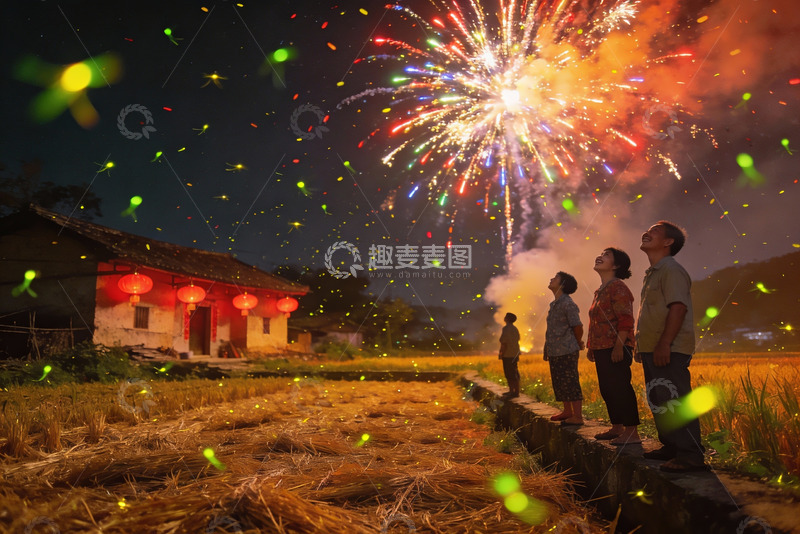 高清大图下载【趣麦麦图】夜田观烟花萤火虫共舞