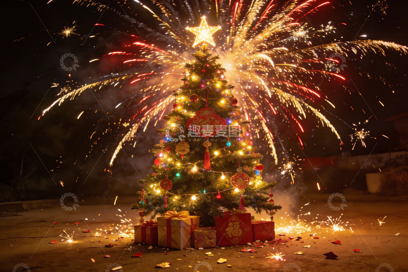 高清大图下载【趣麦麦图】圣诞树烟花夜景