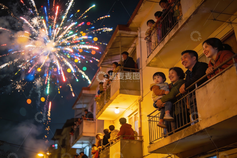 高清大图下载【趣麦麦图】居民楼阳台观看夜空烟花
