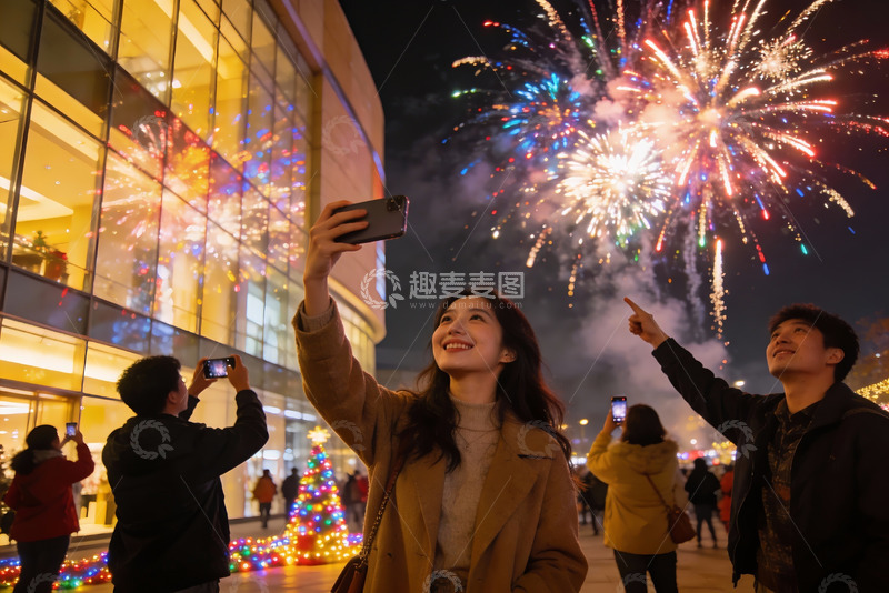 高清大图下载【趣麦麦图】夜景烟花下人群自拍欢庆