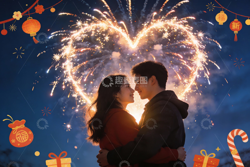 高清大图下载【趣麦麦图】烟花心形浪漫情侣夜景