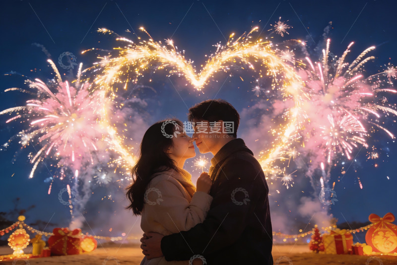 高清大图下载【趣麦麦图】情侣烟花下拥吻浪漫瞬间