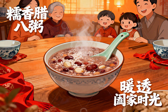 家人围坐吃八宝粥温馨场景