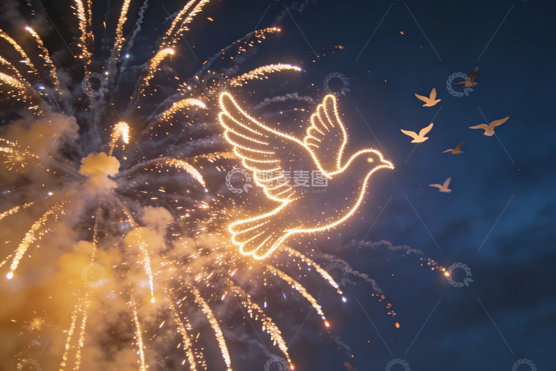 高清大图下载【趣麦麦图】烟花鸽影夜空绽放