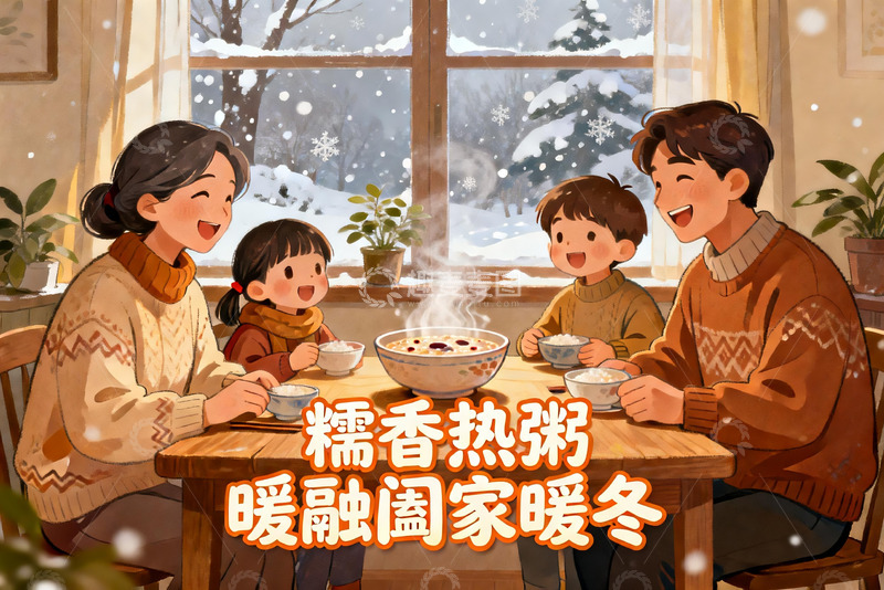 高清大图下载【趣麦麦图】冬日家庭围坐吃热粥