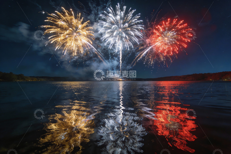 高清大图下载【趣麦麦图】夜空烟花倒映湖面绚丽多彩