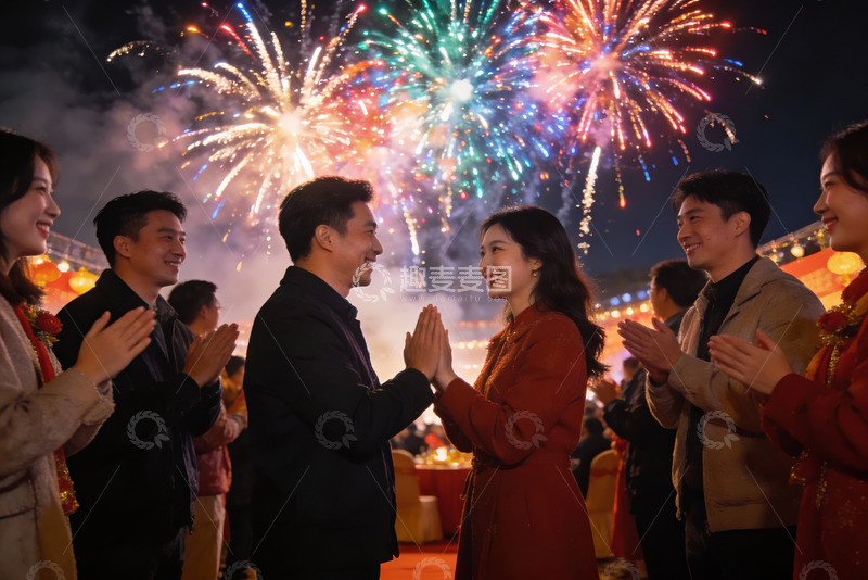 高清大图下载【趣麦麦图】烟花下人群欢聚庆祝
