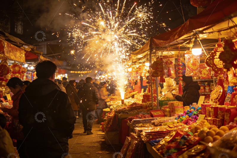 高清大图下载【趣麦麦图】夜市烟花璀璨热闹非凡