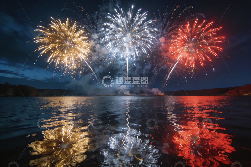 高清大图下载【趣麦麦图】夜空烟花倒映湖面绚丽多彩