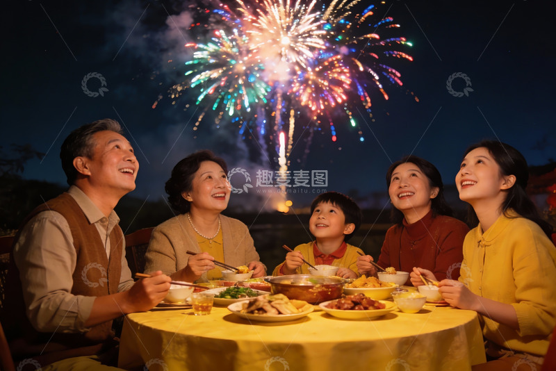 高清大图下载【趣麦麦图】家人夜聚赏烟花共进晚餐