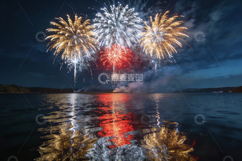 高清大图下载【趣麦麦图】夜空烟花倒映湖面绚丽多彩